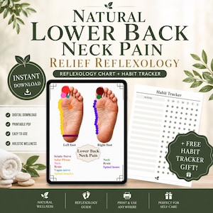 May include: Digital reflexology guide for lower back and neck pain relief. The image shows a tablet displaying foot reflexology charts, a habit tracker, and the text "Natural Lower Back Neck Pain Relief Reflexology". Includes a free habit tracker gift.