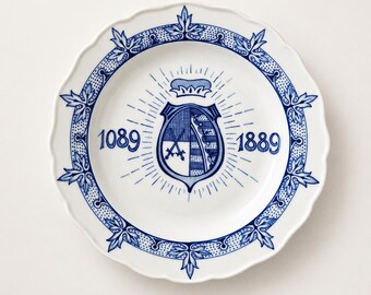 Meissen 1889 Wettin Jubilee Plate, 800 Years House of Wettin 1089–1889, Antique Blue Porcelain Wall Plate