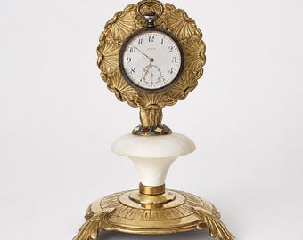 Antique Victorian Pocket Watch Stand c.1880 – Gilt Brass, Alabaster & Enamel, 19th Century Porte-Montre