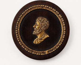 1800-1820 Empire Marcus Aurelius Medallion, Neoclassical Gilt Bronze Roman Emperor Plaque on Wood, Grand Tour Antique Decor