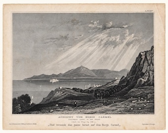 Incisione su acciaio del 1836, veduta del Monte Carmelo di Acri, paesaggio della Terra Santa (incorniciata)