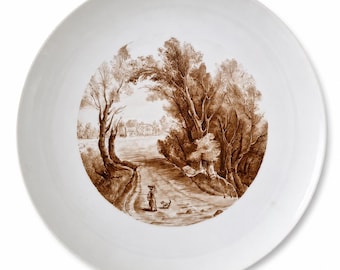 Antique Berlin Porcelain Plate, Hand Painted Sepia Woodland Scene, German c.1860–1880