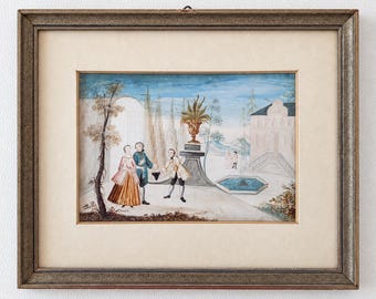 c. 1770 Rococo Gouache on Vellum, Antique Fête Galante Miniature Painting, Framed