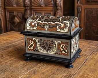 Antique Boulle Jewelry Box | Napoleon III Marquetry Casket, Ebonized Wood, Bone, Brass Inlay