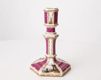 c. 1820–1837 Antique Berlin Porcelain Candlestick - Hand Painted Harbor Scenes, Gilt Pink Biedermeier Candle Holder