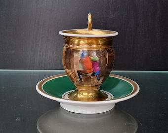 Empire Porcelain Tea Cup & Saucer – Romantic Scene, Gilt Interior, c.1830