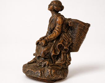 Antique Bronze Toothpick Holder, c.1880-1900 Peasant Woman with Basket, Austrian Vienna Bronze Style Figurine, Folk Art Table Caddy