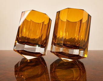 Hand-Cut Amber Czech Art Glass Whiskey Tumblers, Spinning Pyramid Base, Signed Jaroslav Svoboda