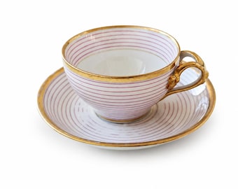 Antique Schlagenwald Slavkov Porcelain Cup & Saucer – Biedermeier Bohemia c. 1840–1860 – Pink Lines and Gilding