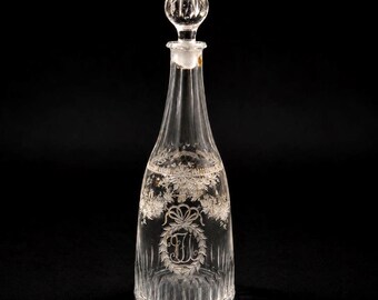 Circa 1800 Antique Gilt Cut Glass Decanter – Hand-Engraved Floral Monogram Bottle with Faceted Stopper, European Baroque Glass