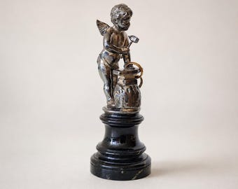19th Century Cupid Blacksmith Sculpture, Silvered Metal, Marble Base, Wedding Rings