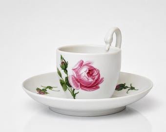 c.1830 Meissen Porcelain Cup & Saucer – Biedermeier Rose Decoration, Swan Handle