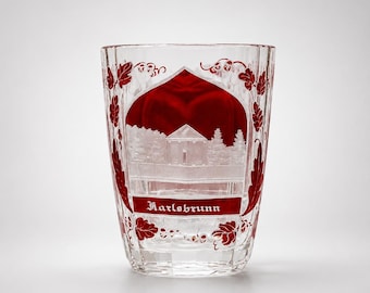 Biedermeier c. 1840 Ruby-Stained Spa Glass, Romanian Mehadia Herkulesbad Souvenir, Antique Bohemian Glass