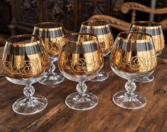 Bohemian Crystal Cognac Glasses Set – Gold Enamel, Faceted Stem, Vintage Czech Barware