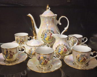 Vintage Czech Porcelain Tea Set – MZ Karlovy Vary, Pearl Lustre “LISTR”, 15 Pieces, Gold Gilded, Mint Condition