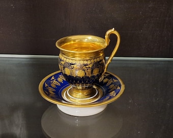 1820 Empire Porcelain Teacup and Saucer – Old Paris, Cobalt Blue and Gold