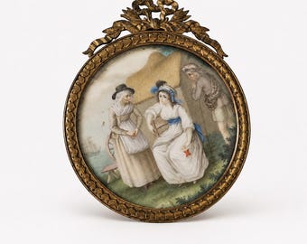Antique Watercolor Miniature, Old Robin Gray after Bunbury & Bartolozzi, 19th Century Gilt Easel Frame