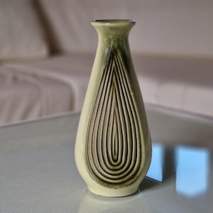 Può includere: Un vaso in ceramica color crema con un design a forma di goccia. Il vaso ha un collo stretto e una base più ampia. Il motivo a goccia è creato da linee verticali e curve in una tonalità di verde più scura. Il vaso è alto circa 20 cm.