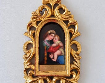 1890 Madonna della Seggiola według Rafaela, ręcznie malowana tablica porcelanowa, antyczna rama z pozłacanego drewna