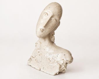 Modernist Ceramic Bust Sculpture – Modigliani Inspired Female Head, Mid Century Studio Art