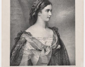 Antique Empress Elisabeth Portrait Lithograph, Sisi, Jakob Melcher, c. 1860, Framed