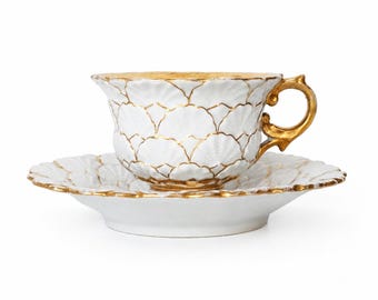 1846 Pirkenhammer F&R and CF Late Biedermeier Shell Relief Cup and Saucer, Bohemian Porcelain