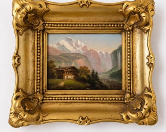 19th Century Swiss Alps Oil Painting, Chalet Waterfall, Antique Gilt Frame