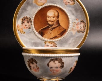 Radetzky Portrait Porcelain Cup and Saucer, Austrian Empire Historic Miniature