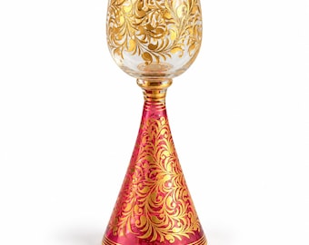 Um 1900 Antikes beidseitig verwendbares Rosalin-Glas – Böhmischer Glaskelch mit Vergoldung, 17 cm
