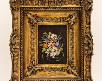 Signed Floral Oil Painting Miniature, Ornate Gold Frame, 20th Century Art
