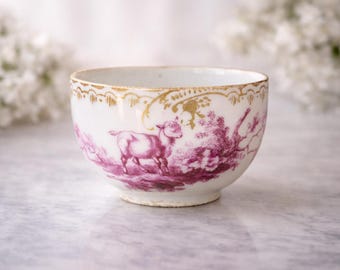 1745 - Antique Meissen Tea Cup - Hand Painted Magenta Watteau Scene, Rococo Porcelain