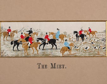 Antique Stevengraph Woven Silk Picture, Victorian Fox Hunting Scene, Thomas Stevens Coventry