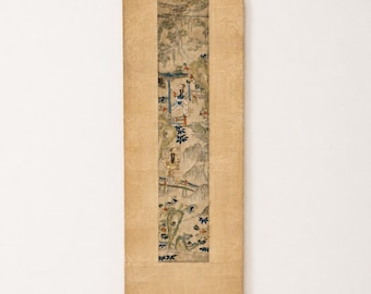 Antique Chinese Silk Embroidery Scroll, 19th Century, Court Ladies in Garden, Oriental Wall Hanging
