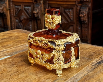 Art Deco Amber Glass Jewelry Box | Gilded Ormolu Mounts, Bohemian Vanity Casket