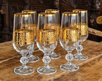 Vintage Bohemian Crystalex Champagne Glasses – Set of 6, Gold Decor, 1970s, Czech Glass