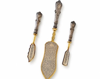 c.1900 - 800/1000 Silver Gilt Steel Austro-Hungarian Dessert Serving Set in Original Oak Case
