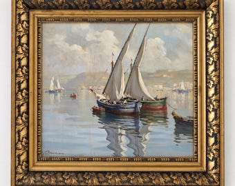 Leon Giuseppe Buono Original Oil Painting c. 1950s – Signed Italian Impressionist Harbor Seascape, Oil on Panel