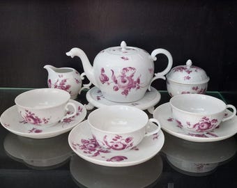 Antique 1862–1910 Nymphenburg Tête-à-Tête Tea Set – Hand Painted Pourpre Camaïeu