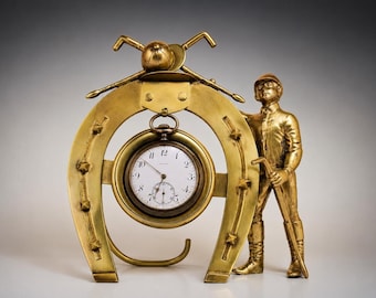 Rare Antique Equestrian Pocket Watch Stand c.1900 – Brass Horseshoe & Jockey Figure – Watch Holder