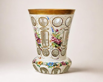 Antique Bohemian Biedermeier Glass Beaker, White Overlay Cut Clear, Hand Painted Flowers, Gilt