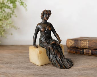 Art Nouveau Bronze Lady Reading Figurine on Alabaster Base, Circa 1900–1920