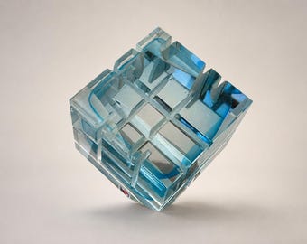 Signed Aquamarine Glass Sculpture, One-of-a-Kind Czech Cut Art Glass, Škrdlovice Studio Jaroslav Svoboda