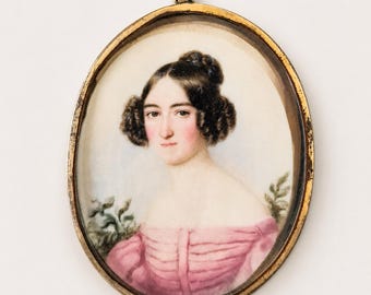 Robert Theer Portrait Miniature, Austrian Biedermeier Young Lady, Gilt Oval Frame