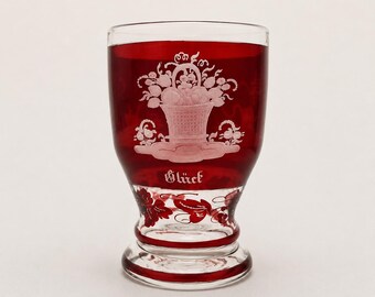 Antique Bohemian Ruby Stained Beaker – Hand Engraved Glass Friendship Vessel