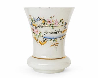 Antique Bohemian Milk Glass Souvenir Beaker, Hand-Painted “In remembrance”, Circa 1870