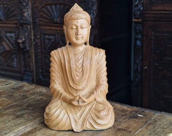 Hand Carved Wooden Buddha Statue – Exceptional Calm Expression, South India, 22 cm, Vintage