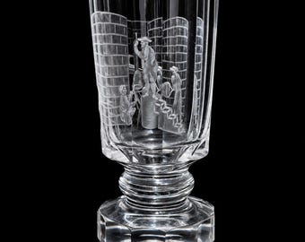 Antique Bohemian Engraved Glass Goblet – Glassworks Scene, Železný Brod Style, Monogrammed, 1920–1940