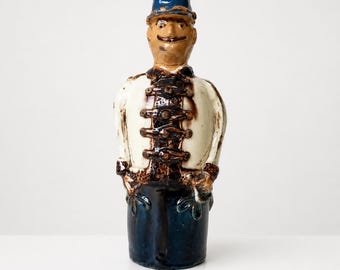Antique 19th Century Folk Pottery Soldier Flask, Austro-Hungarian Military Figure, Central European Ceramic Decanter