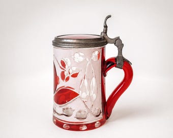 1860 Bohemian Ruby Glass Stein | Antique Pewter Lid | White Overlay Glass
