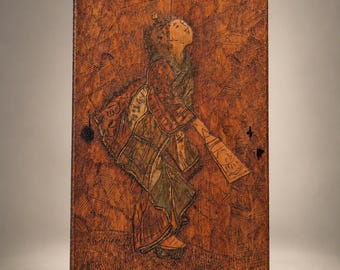 Meiji Era Geisha Wood Panel | Hand Carved Pyrography Wall Art (c.1900)